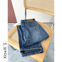 Little Hijia) Straight Drum Jeans Woman 2022 New Water Wash Loose High Waist Display Slim Dark Blue Broadleg Pants
