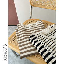 Little Hijijia) 2022 Round collar Leisure foreign air Huffg striped short sleeve undershirt T-shirt T-shirt female Korean version 100 lap blouse
