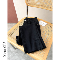 Little Hijijia) High waist straight cylinder ocean gas female spring autumn season open fork hair side display slim and small sub black smoke tube jeans