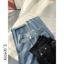 Little Hicks) 2022 Design sense blue straight cylinder wool side female loose retro high waist display slim jeans long pants