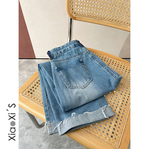 Little Hijibe) 2022 Spring covered with lean water washed over edge light blue pockets loose wide leg straight barrel long pants