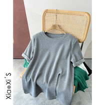 Little Hicks) 2022 Round collar padded shoulder open fork over short sleeves Bottom Jersey T Shirt Woman 100 lap pure laminated wearing blouses
