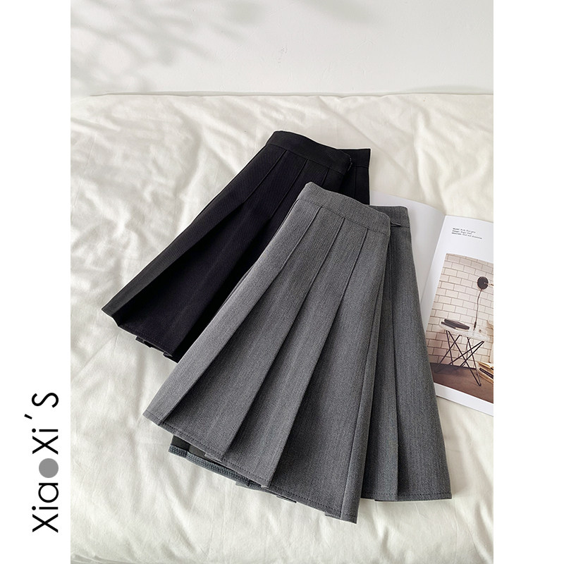 Xiao Xijia) anti-light spring and autumn texture skirt high waist short skirt pleated skirt academy gray black a-line skirt