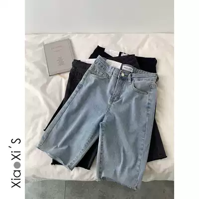 Xiaixijia) Elastic straight slim shorts high waist Europe and the United States Street Photo burrs five points riding denim pants women tide