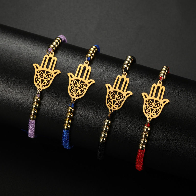 Multi-Color Hamsa Hand of Fatima Red String Beaded Bracelet Stainless Steel Coiled Pattern Palm Pendant Bracelet