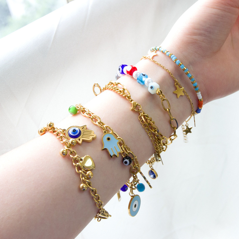 Fatima's Hand Hamsa Evil Eye Bracelet Turkish Blue Eye Evil Eye Stackable Bracelet