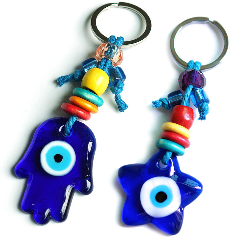 6-Pack Fatima's Hand Hamsa Pentagram Keychain Evil Eye Turkish Blue Eye Pendant