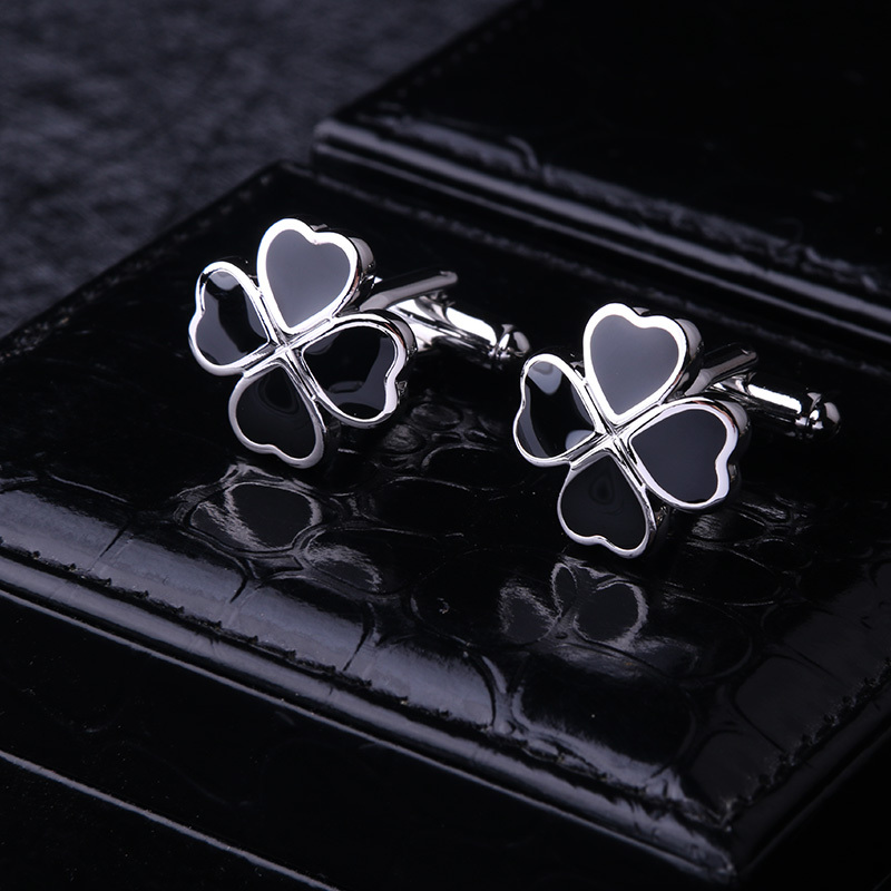 Leshang Black Four-Leaf Cufflinks Men's French Shirt Cufflinks Cuff Studs Men's Formal French Shirt Cuff Buttons