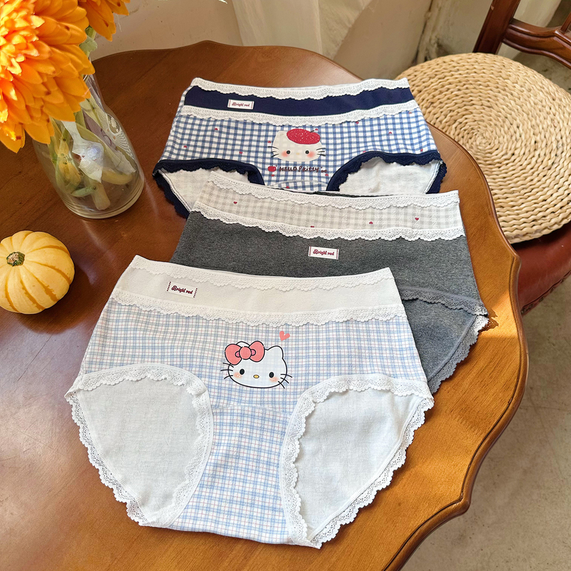 Pathfinder Cat British Retro Style Patchwork Contrasting Color Mid-Waist Underwear for Girls, Hip-Hugging, Skin-Friendly Cotton Briefs