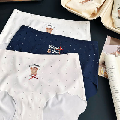 Pathfinder Cat Happy Bear Traceless Ice Silk Bow Letter Bear Breathable Bottom Crotch Mid-waist Triangle Underwear for women