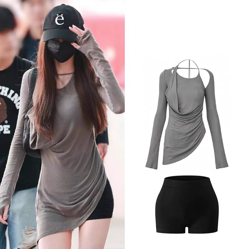 Zhang Yuanying's Same Style Round-Neck Sexy Mid-Length T-Shirt with Irregular Slim Fit, Long Sleeves, and Elegant Base Layer Top