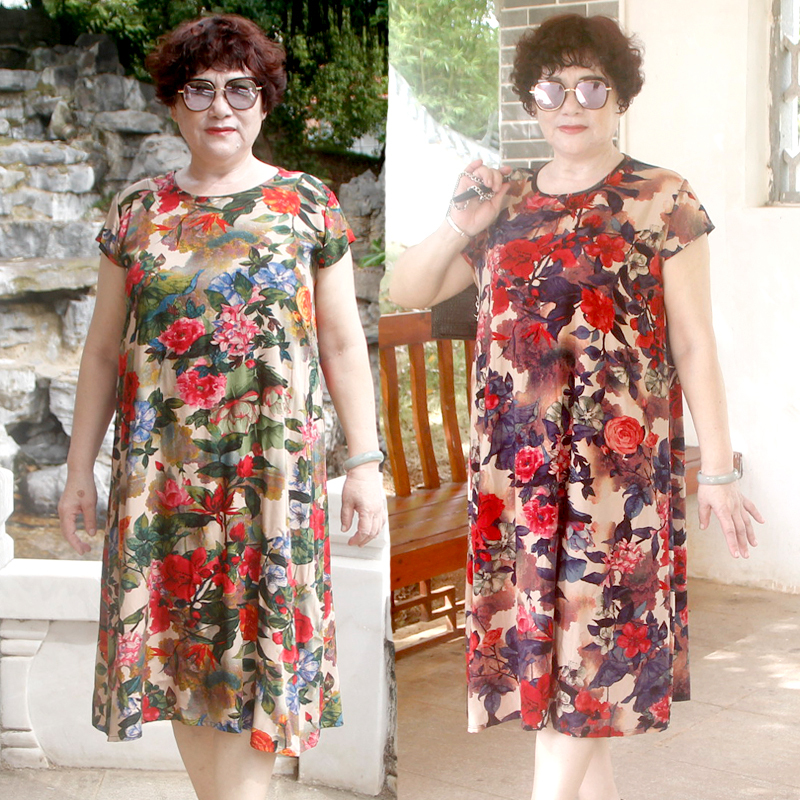 Clearance Sale: Summer Cotton and Linen Printed Dresses for Middle-Aged and Elderly Women, Plus Size, Extra Large, for Moms and Grandmothers, Mid-Length, Over-The-Knee, Loose-Fitting Dresses