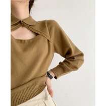  ICTS has gentle and heroic khaki tones retro elegance design sense hollow neckline short knitwear