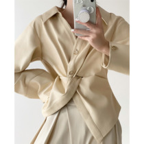  ICTS just right like and put apricot white design sense cross button placket pu leather shirt