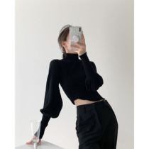  ICTS wind and moon are good-looking Hepburn black light gray and green two-color budded sleeve semi-turtleneck bottoming sweater