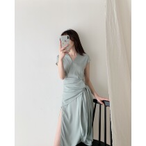 ICTS world Green Green cute green tone two wear irregular small waist scarf split dress