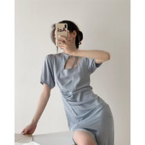  ICTS Hide in sea salt ice cream Fog blue tone hollow strap shimmer pleated bubble sleeve dress