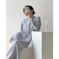  ICTS exudes elegant temperament pan-purple tones of blue gentle single-breasted placket loose shirt dress