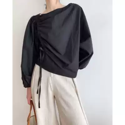ICTS early autumn can be touched in the silent chic asymmetrical drawstring pleated boat collar lantern sleeve small blouse