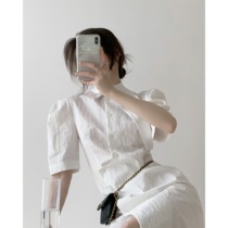 ICTS moon will melt asymmetrically collar special creaty sense wide shoulder design white shirt dress