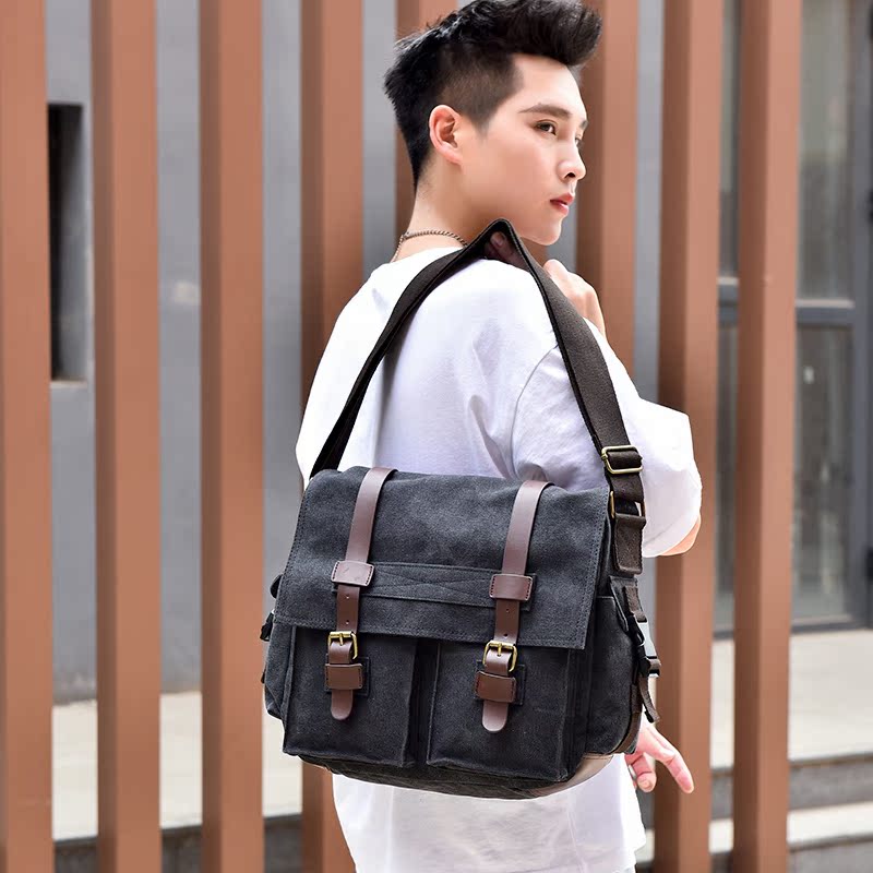 Full Jianghong Red and American retro men's sails cloth bag Single shoulder bag Inclined Satchel Bag Men's Business Casual Computer School Bag Men's Bag