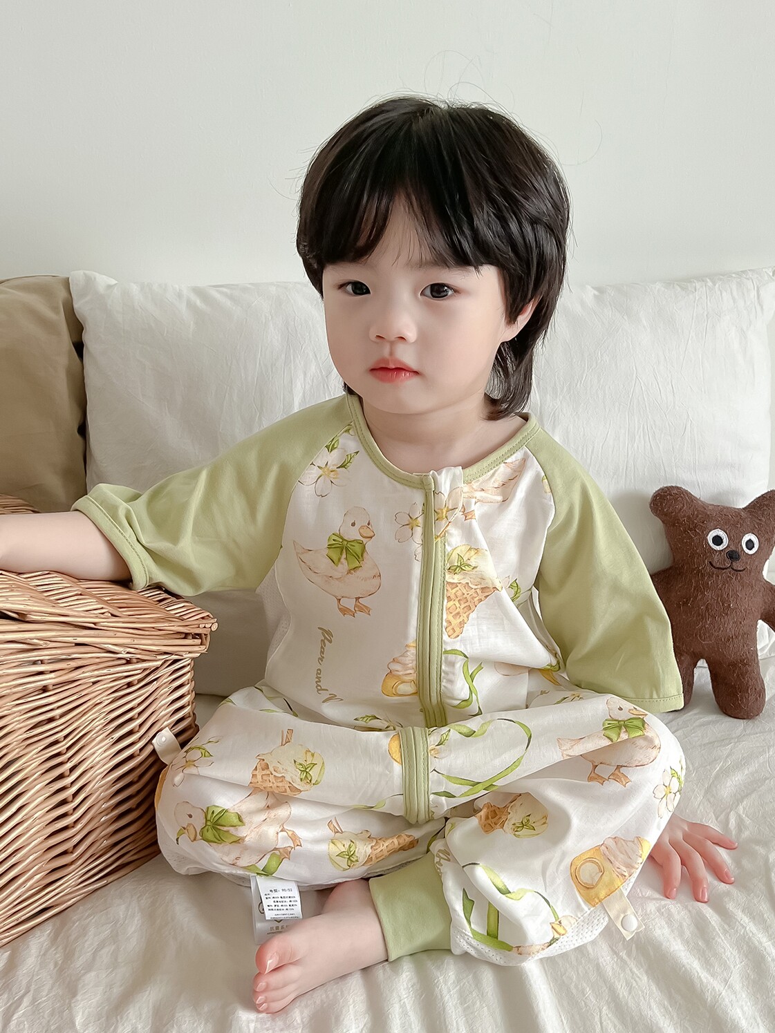 BABY ONE-PIECE PAJAMAS SUMMER THIN CHILDRENS DRESSING GOWNS BAMBOO COTTON GAUZE BOYS AND GIRLS AIR-CONDITIONED CLOTHING ANTI-KICK QUILT SHORT SLEEVES