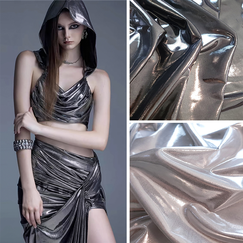 Technological Metallic Stretch Knit Fabric, Heavy Weight, Silver Dress Suit Designer Fabric Technological Metallic Stretch Knit Fabric, Heavy Weight, Silver Dress Suit Designer Fabric