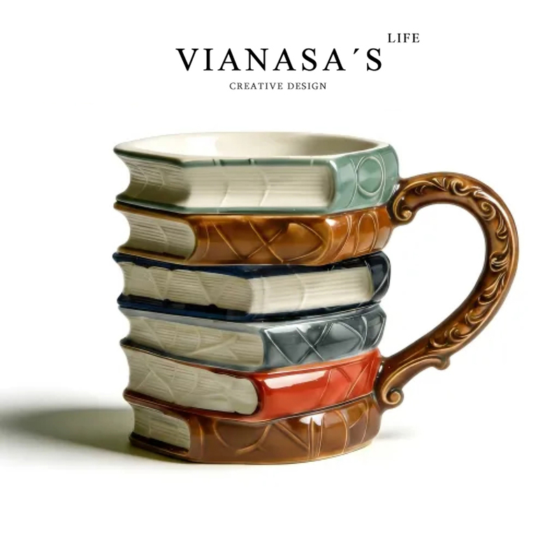 Vianasa's Ceramic Book-Shaped Mug, Creatively Painted, High Aesthetic Value, Three-Dimensional Book-Shaped Coffee Cup with Handle, Household Mug