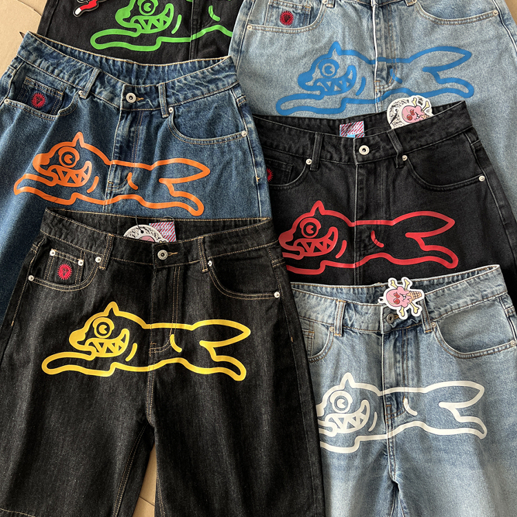Bbc Flying Dog Icecream2025 New Summer Trendy Brand Loose Straight-Leg Distressed Water-Washed Denim Shorts Hot Pants