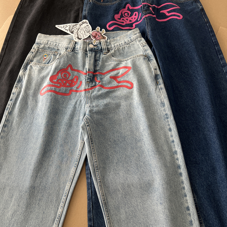 Bbc Flying Dog Icecream American High Street Flying Dog Print Jeans Men's Trendy Brand Loose Straight Casual Pants