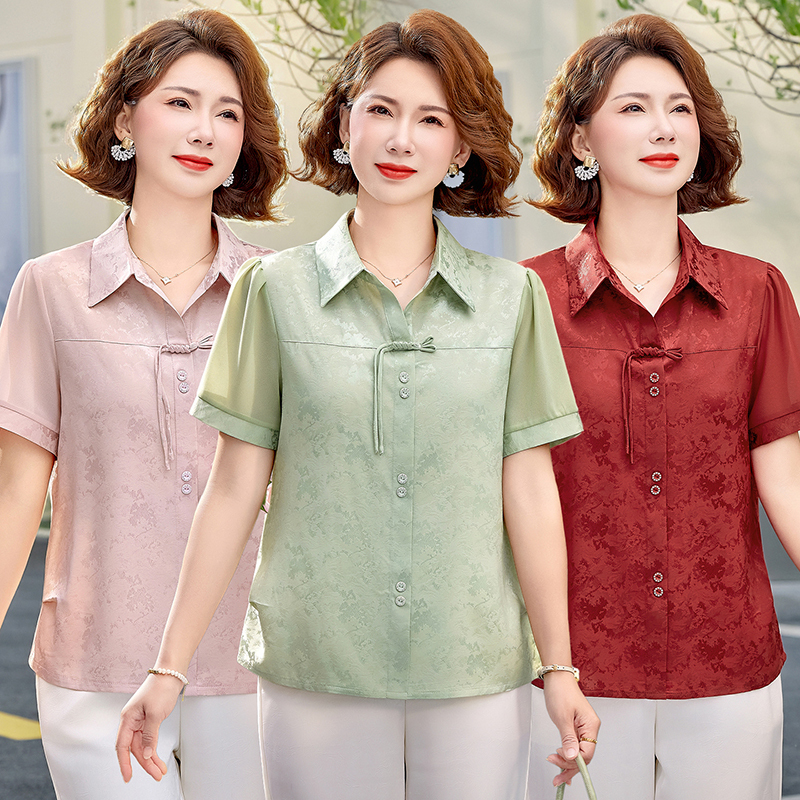 Summer Short-Sleeved Collared Shirt for Moms, Stylish and Age-Reducing, Slimming Top for Middle-Aged and Elderly Women, Fashionable Thin Shirt