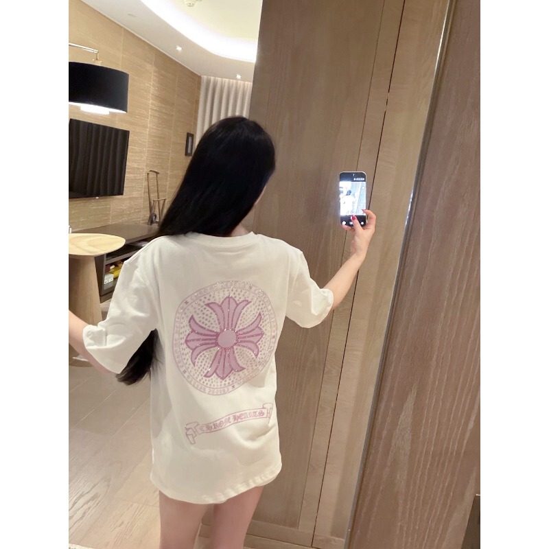 Trendy and Unique Loose-Fitting Mid-Length Pure Cotton White Short-Sleeve T-Shirt for Women with Rhinestone Embellishments and a Circular Cross Design, Suitable for Couples