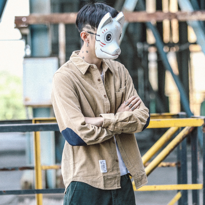 东京衣柜男装原创新品日系补丁灯芯绒休闲长袖衬衫潮男青年衬衣