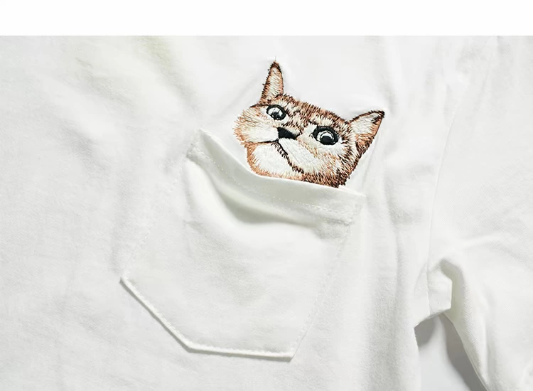 Tokyo Tủ quần áo nam mùa hè Phim hoạt hình mới Kitten thêu cổ áo tròn Sinh viên giản dị tay áo ngắn nam áo thun nam tay áo áo phông trắng nam