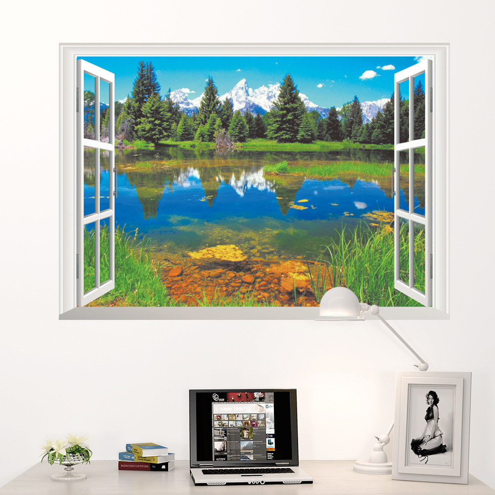 Pond 3D Solid Wallpaper Living Room Bookroom TV Background Wall Decoration Stickers in Fake Window Wall Patch Forest