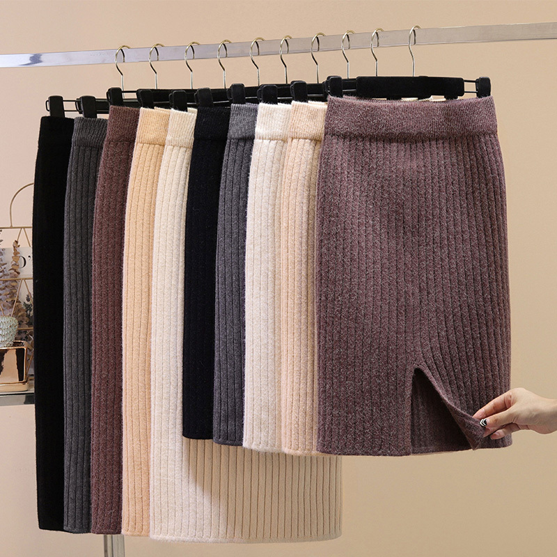 Thickened Slit Black Knit Pencil Skirt, Hip-Hugging One-Step Skirt for Women, Mid-Length 2023 Autumn and Winter Long Skirt, Knitted Skirt