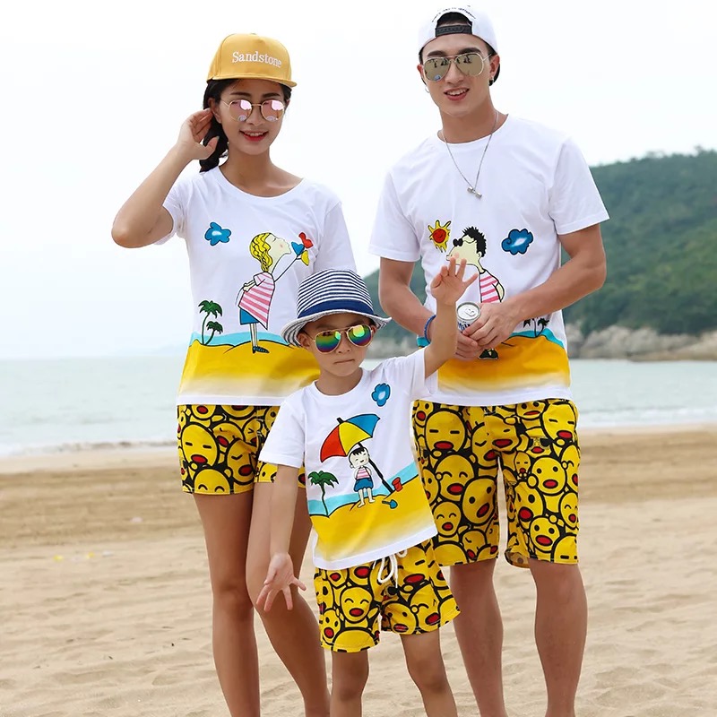 Thái Lan Hải Nam Sanya quần áo du lịch bên bờ biển kỳ nghỉ cha mẹ-con thiết lập bãi biển nhanh khô quần cotton áo thun thủy triều quần áo gia đình