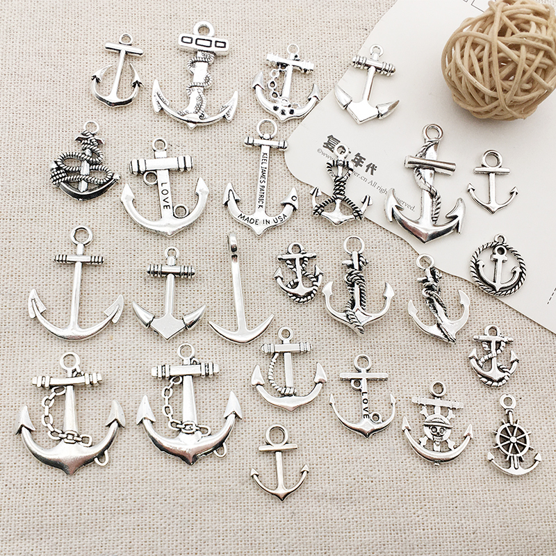 Handmade DIY Vintage Alloy Antique Silver Accessories Bracelet Earrings Phone Charms Anchor New Product Launch 10 Pieces