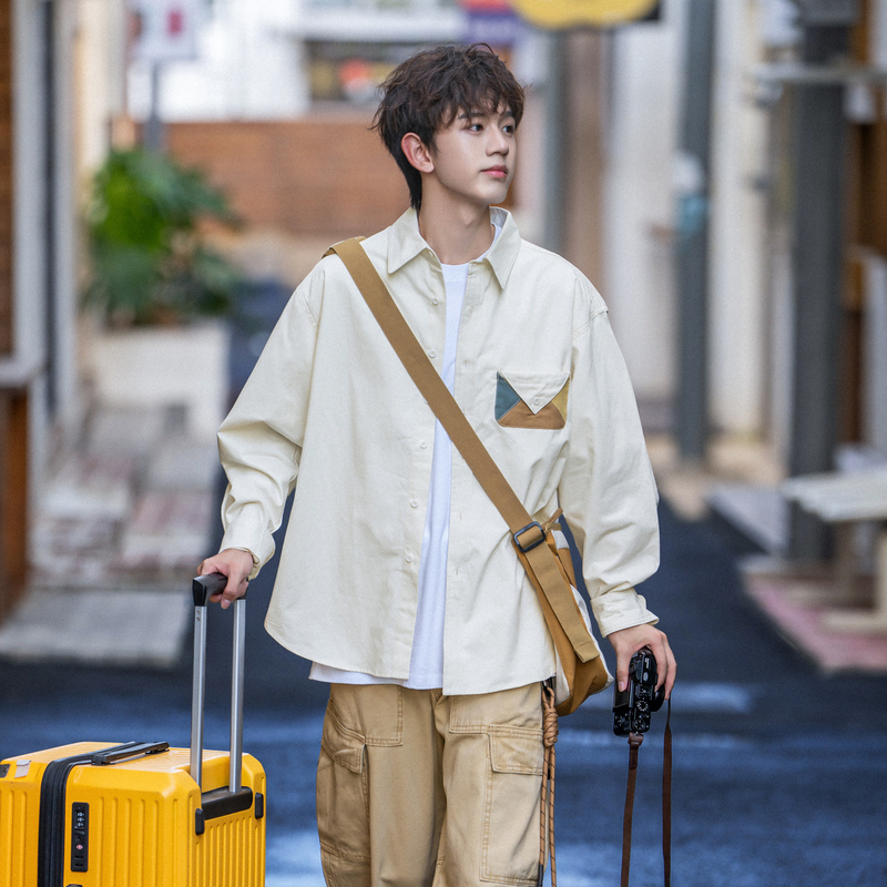 Pd Adult Color-Blocked Pocket Japanese-Style Pure Cotton Unisex Simple Work Shirt for Men, Spring and Autumn, Structured and Voluminous Shirt