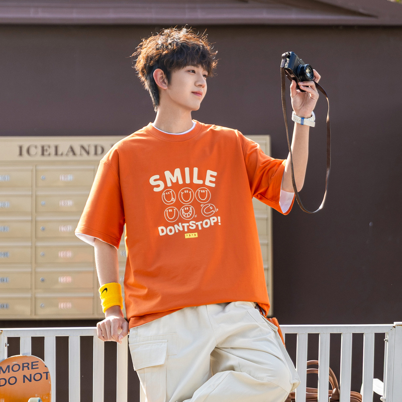 [Vibrant Orange] Smiley Face Letter Print Short-Sleeved Men's Summer Dopamine Trendy Brand Pd Loose Casual T-Shirt