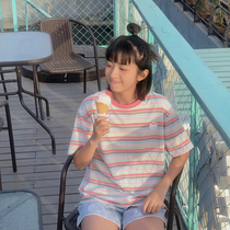 (Spot) loyal dog Small eight pear-shaped homemade-roll heart sugar summer loose spring color stripe short sleeve t-shirt women