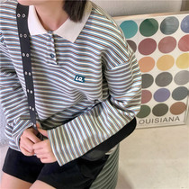 Loyalty Dog Small Eight Pear Shaped Homemade-One Holding Green Hills Color Striped Adorable Adolescent Girl POLO Collar Long Sleeve T-shirt College Spring