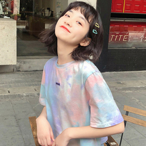 (Spot) loyal dog Small eight pear-shaped homemade-magic Aurora-summer youth short sleeve tie-dyed round neck sweet T-shirt