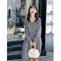(Spot) loyal dog Small eight pear-shaped homemade blueberry waffle long sleeve dress Plaid waist tether lazy woman