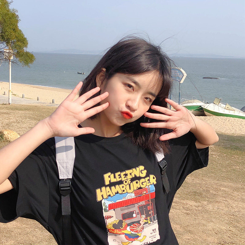 Dog small eight pear shape homemade-2021 summer hamburger duck-Cartoon printed T-shirt female offset printing Japanese College hot