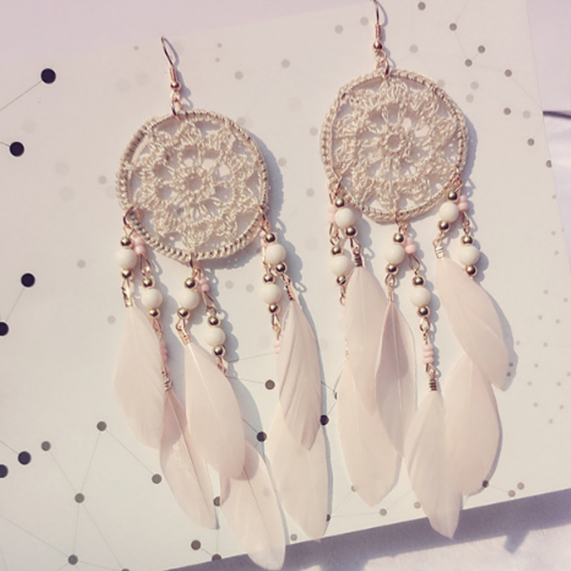 Han Edition Temperament Handmade Seaside Holiday Nation Long Stream Su Feather Strings Pearl Earrings Earrings