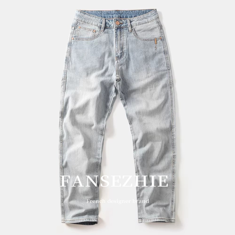 Fansezhe Counter American Retro Straight Loose Casual Long Pants Spring and Autumn Washed Light Blue Men's Jeans