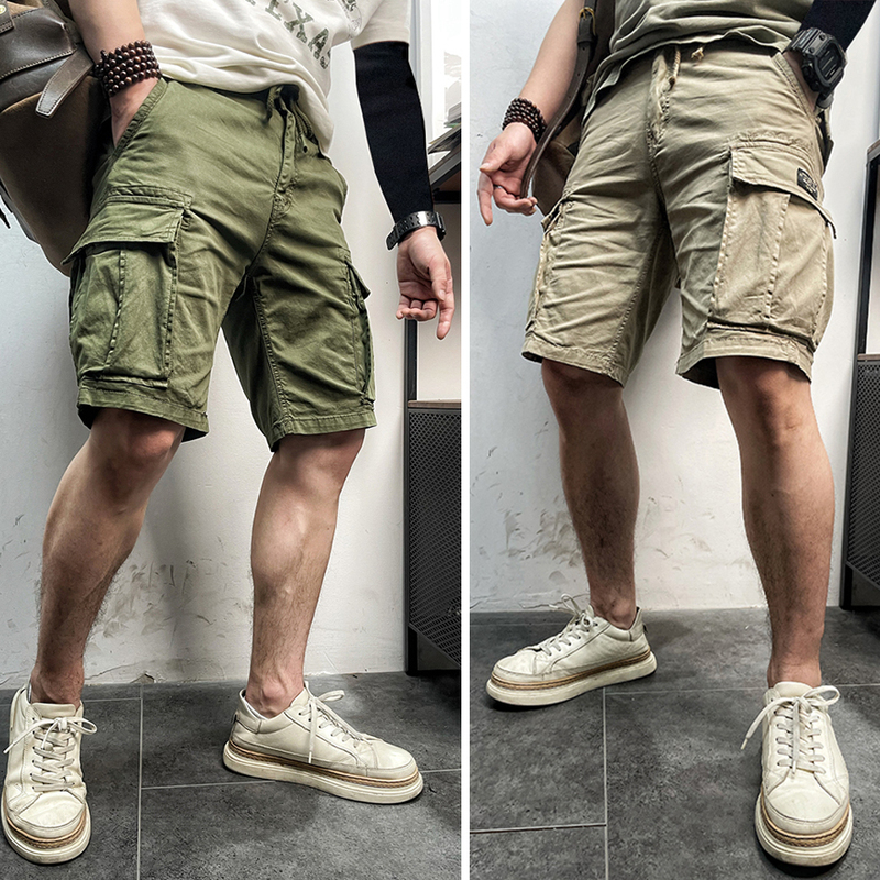 11611 Summer Thin American Retro Elastic Waist Men's Hidden Button Large Pocket Washed Cotton Work Casual Shorts