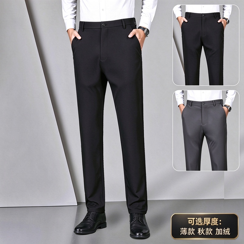 Men's Business Casual Pants, Straight-Leg Trousers, Thin and Thickened with Fleece for Autumn, Winter, and Summer, Suitable for Both Foreign Trade and Domestic Sales
