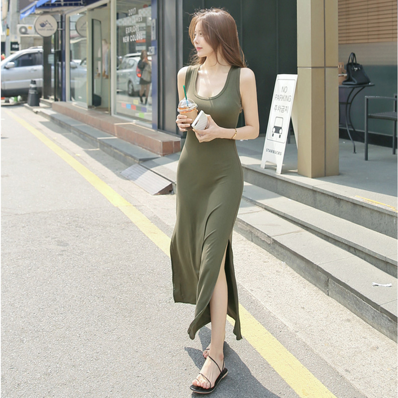 Korean Summer New Product Modal U-Neck Side Slit Tank Dress Slim Fit Long Skirt Base Dress Women's Hong Kong Style Korean Summer New Product Modal U-Neck Side Slit Tank Dress Slim Fit Long Skirt Base Dress Women's Hong Kong Style